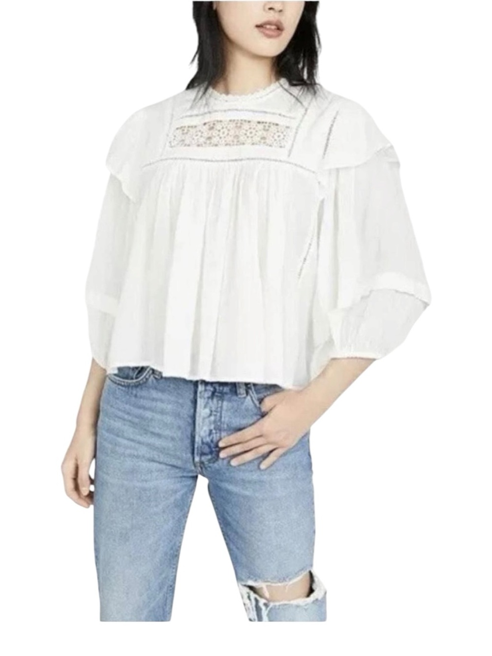 Free People Laura cotton Gauze Victorian Women's White Ruffled Lace Blouse XS